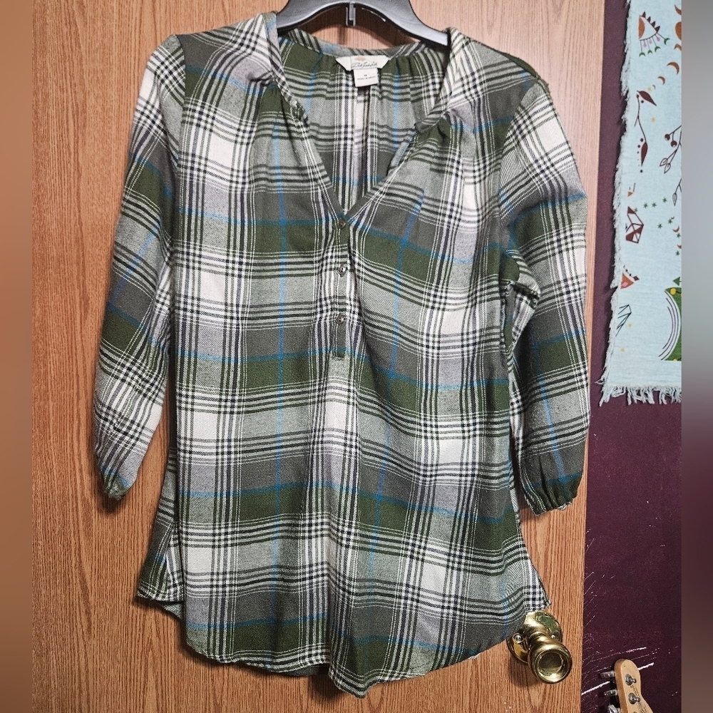 Bob Timberlake Shirt Womens Medium Green Blue Plaid Hippie Boho!